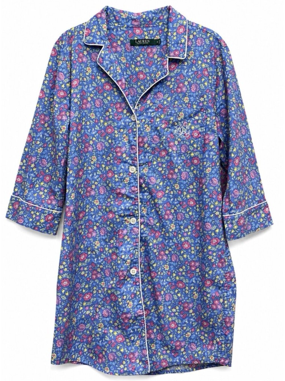 Lauren Ralph Lauren Floral Cotton Sleep Shirt Women’s Medium Embroidered Logo - Picture 2 of 7